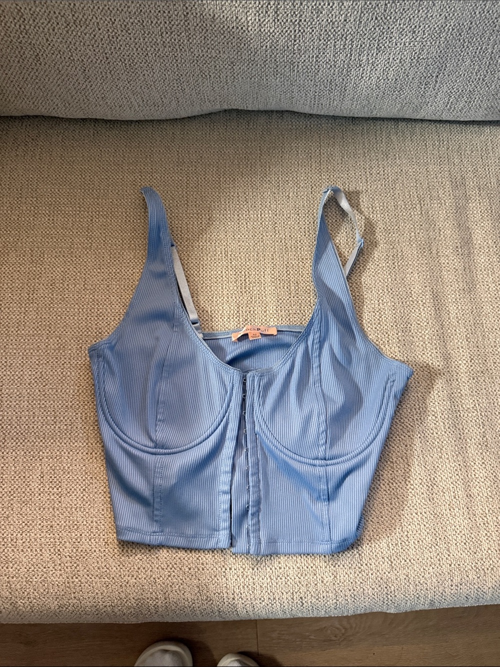 Sky Blue Ribbed Crop Top with Front Hook Closure
